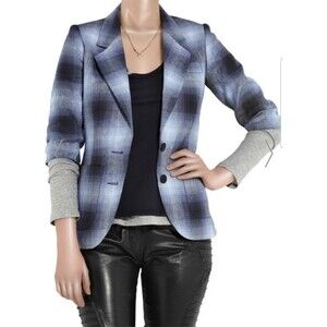 Smythe Blazer 100% Linen Shadow Plaid Tartan Blue Black Half Sleeve Pockets